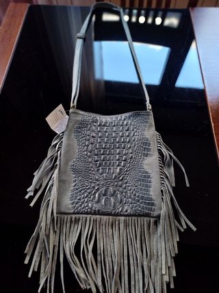 Bolso bandolera piel azul con flecos