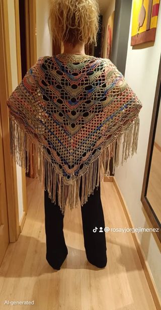 Chal tejido a mano con flecos y pedrería