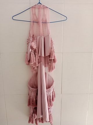 Kimono rosa con perlas y flecos (XS)