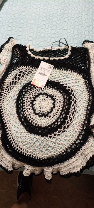 Camiseta Zara Punto Blanco y Negro Talla S