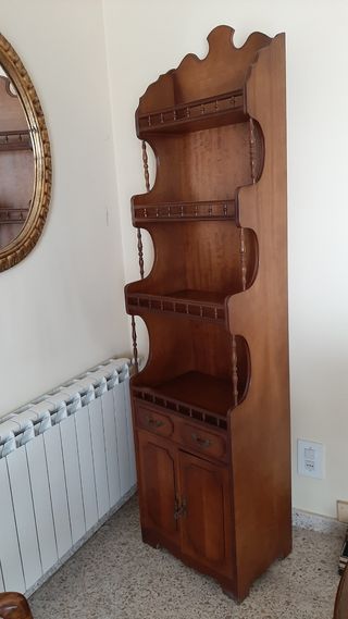 Vitrina de madera con estantes y armario