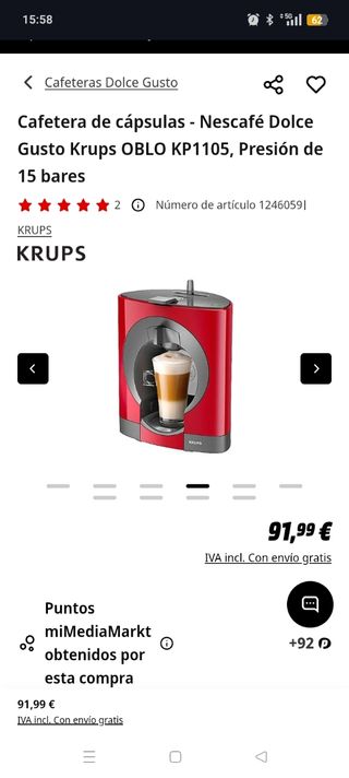 Cafetera Dolce Gusto Krups OBLO Roja
Precio negoci