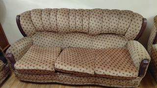 Sofá y 2 butacas de tela y madera