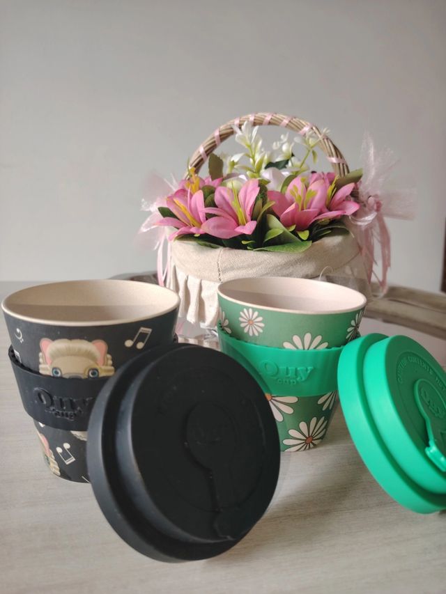 Set 2 Tazze Cappuccino Bambù con Coperchio