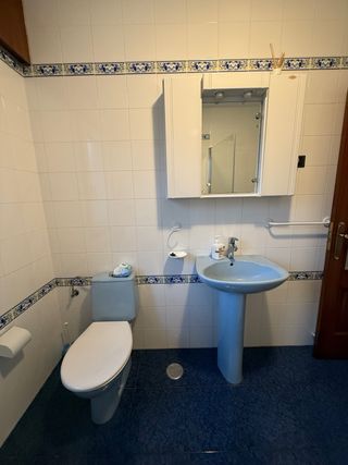 Baño completo con inodoro, lavabo y espejo