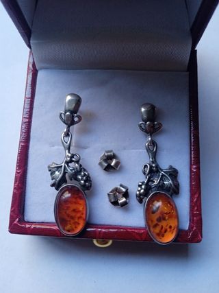 Pendientes Plata y Ámbar Vintage largo 3.50 cm.