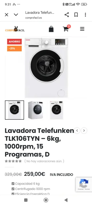 Lavadora Telefunken TLK106TYN 6 Kg