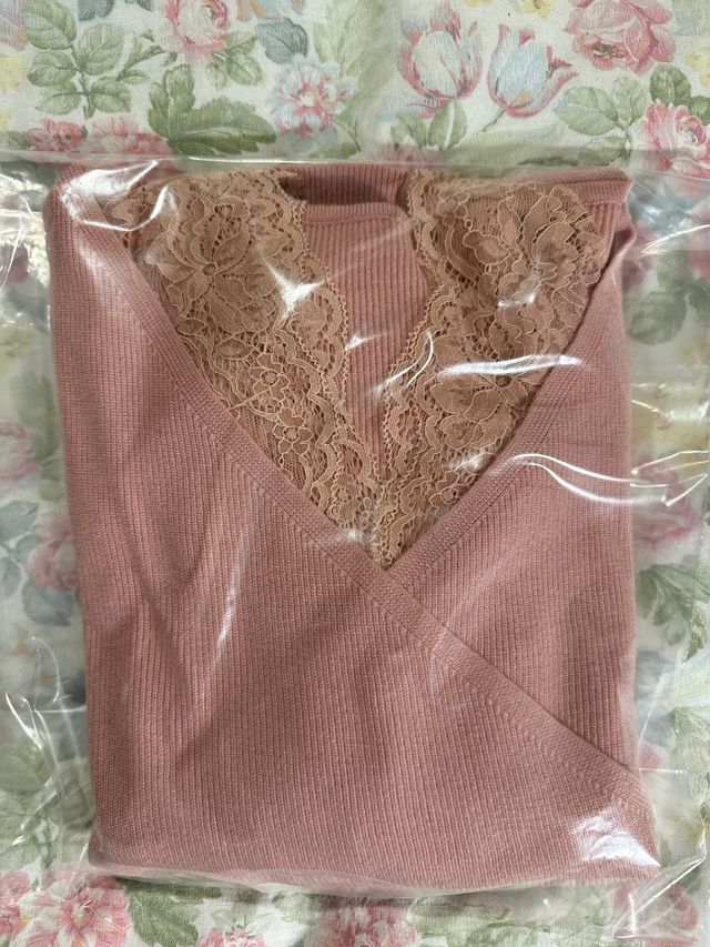 Maglia Cache-cœur Rosa con Pizzo