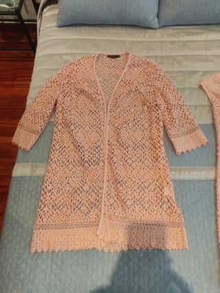 Vestido y chaqueta de encaje salmón(no negociable)