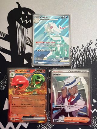 Confezione da 3 carte Pokémon: Cetitan, Scovillain EX, Mir