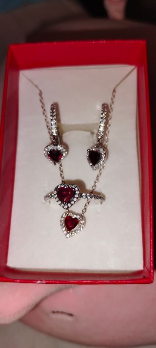 Conjunto Plata 925 Corazón Rojo y Circonitas