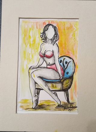 Pintura original aguarela mulher sentada