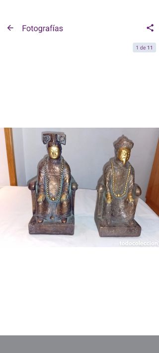 Pareja Esculturas madera y Pan de Oro guerreros 