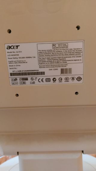 Pantalla de ordenador Acer blanca 15 pulgadas