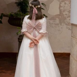Vestido de Comunión Blanco y Rosa con lazo
