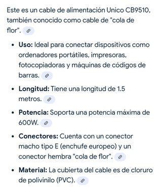 Cable de corriente Unico CB9510 1.5m 600W