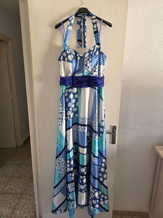 Vestido largo estampado azul y blanco Talla 44