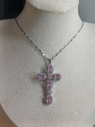 Collar Acero Inoxidable Cruz Rosa
