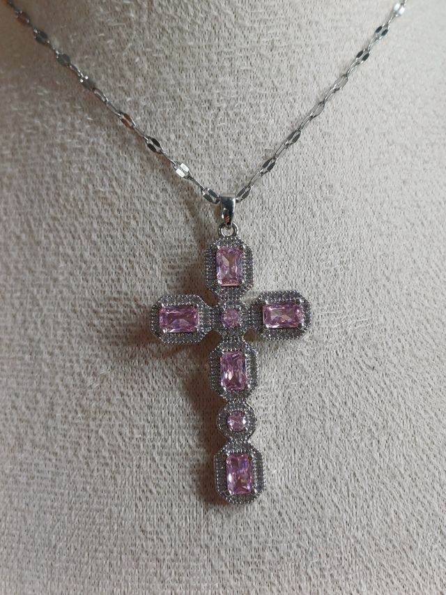 Collar Acero Inoxidable Cruz Rosa