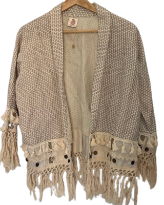 Cárdigan Kimono Beige con Flecos Talla Única
