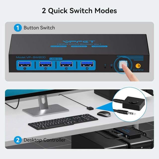VPECT HDMI KVM Switch 2x1 4K60Hz USB3.0