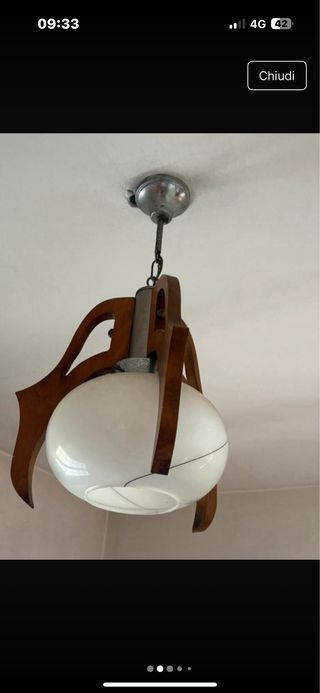 Lampadario vintage vetro e legno