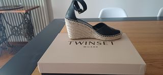 Scarpe zeppa Twinset pelle nera con farfalla