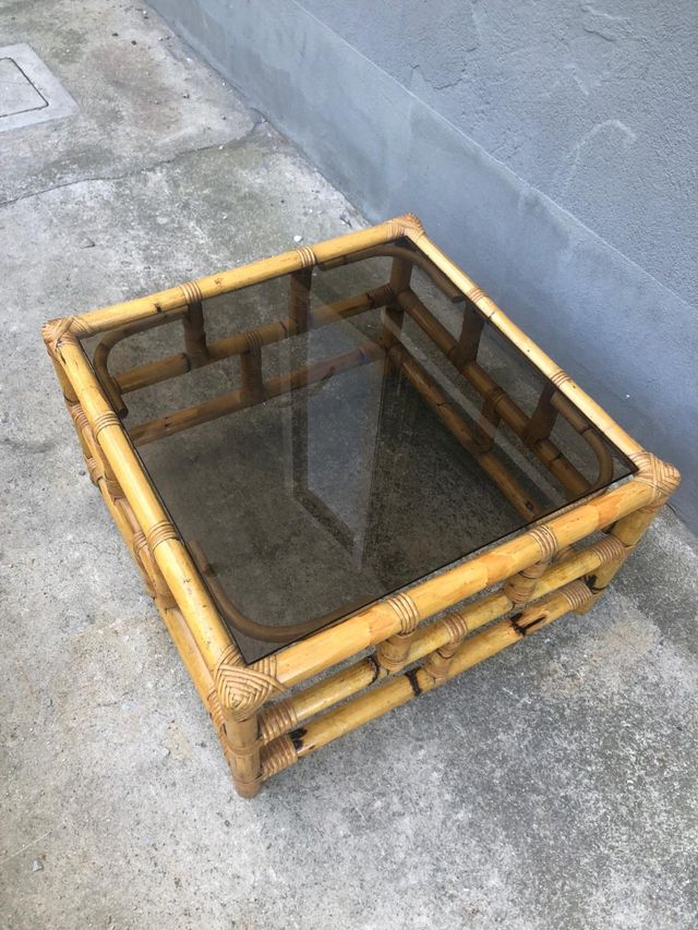 Tavolino in bambù con piano in vetro anni 70