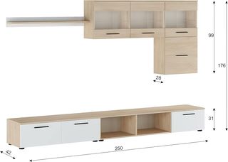 Gran set salón blanco y roble con LED en vitrinas