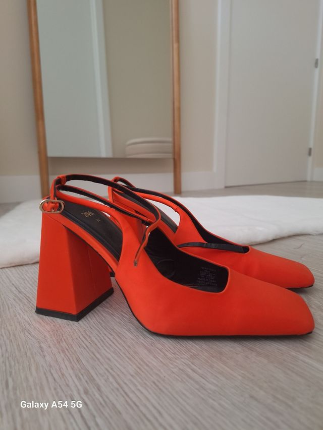 Sandalias Zara Naranja Tacon Bloque.
