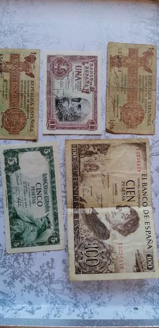 Billetes antiguos españoles 1, 5 y 100 pesetas