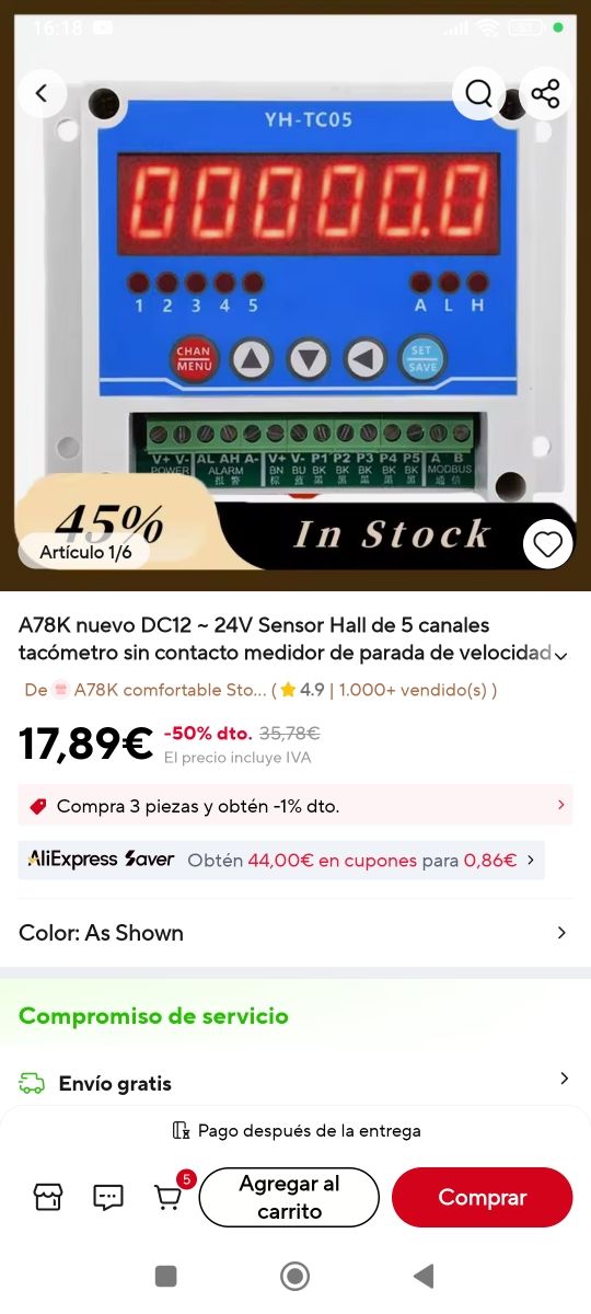 Tacómetro DC12-24V de 5 CANALES
Sensor Hall 
