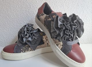 Sneakers Talla 36 Piel Beige/Gris/Rojo
