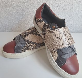 Sneakers Talla 36 Piel Beige/Gris/Rojo
