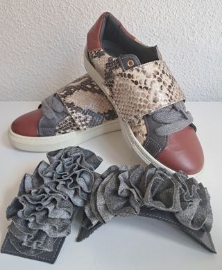 Sneakers Talla 36 Piel Beige/Gris/Rojo
