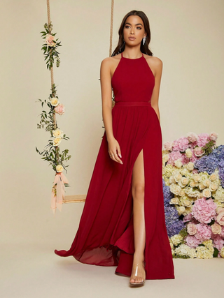 Vestido largo burdeos halter boda abertura Belle S