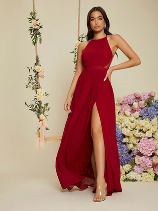 Vestido largo burdeos halter boda abertura Belle S