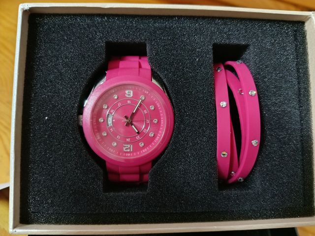 Reloj y Pulsera con Brillantes Swarovski Rosa
