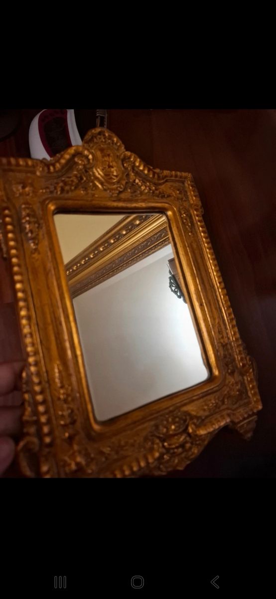 Espejo antiguo dorado y azul 16x25. Sin marca