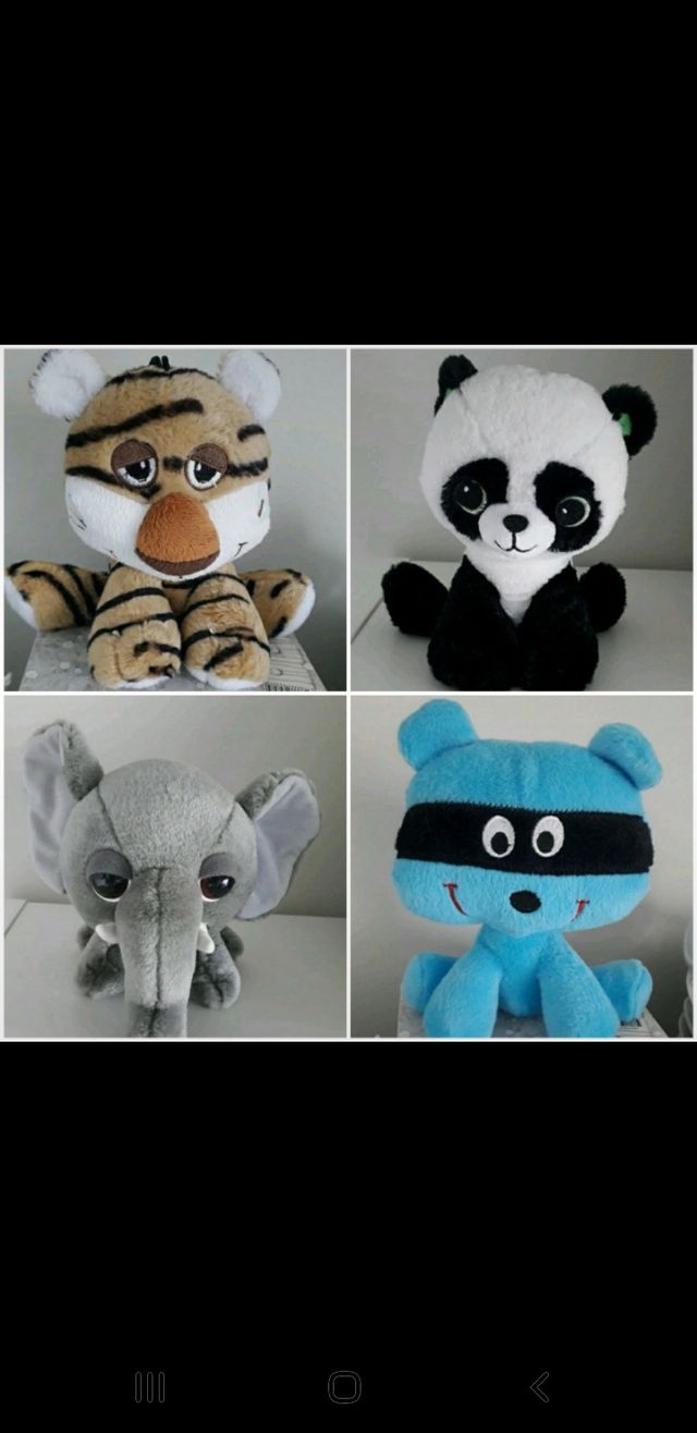 Lote 4 peluches: Tigre, Panda, Elefante, Oso