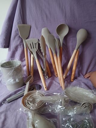 Set Utensili Cucina Silicone Beige Legno 36 pz