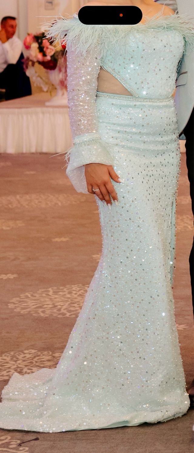 Vestido fiesta largo plateado y verde azulado