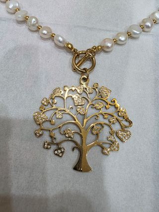 Conjunto Collar Perlas y Pulsera Acero Dorado