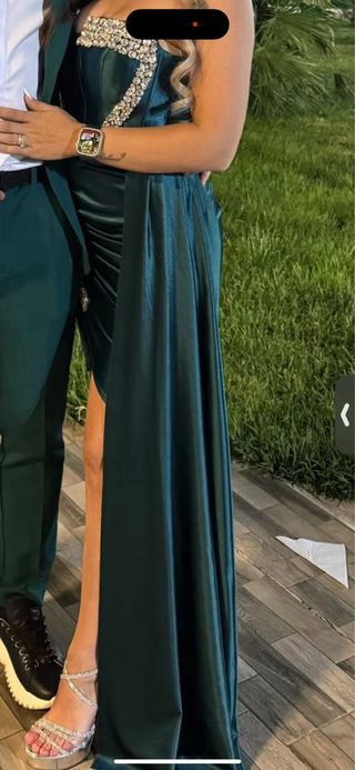 Vestido largo fiesta plateado y verde azulado