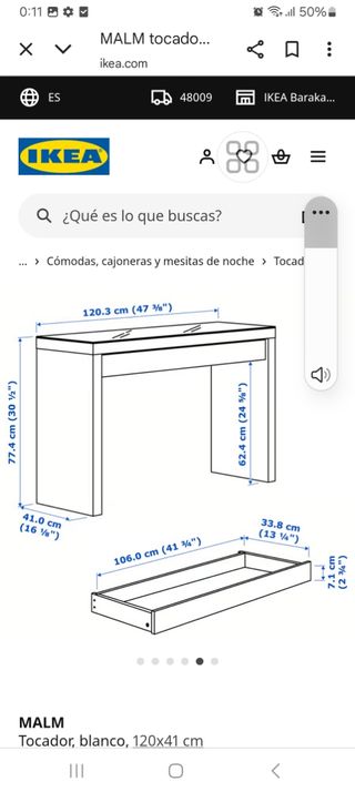 Tocador MALM blanco 120x41 cm
