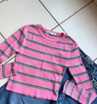 Zara Jersey Rayas Rosa y Verde Talla S