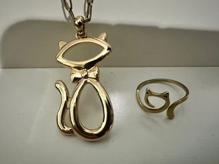 Collar y Anillo Gatito Dorado