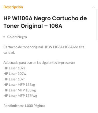 Tóner HP Original 106A
Sin abrir precinto