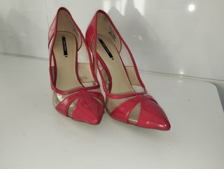 Zapatos Zara Tacón Rojo Charol Transparente Talla 