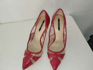 Zapatos Zara Tacón Rojo Charol Transparente Talla 